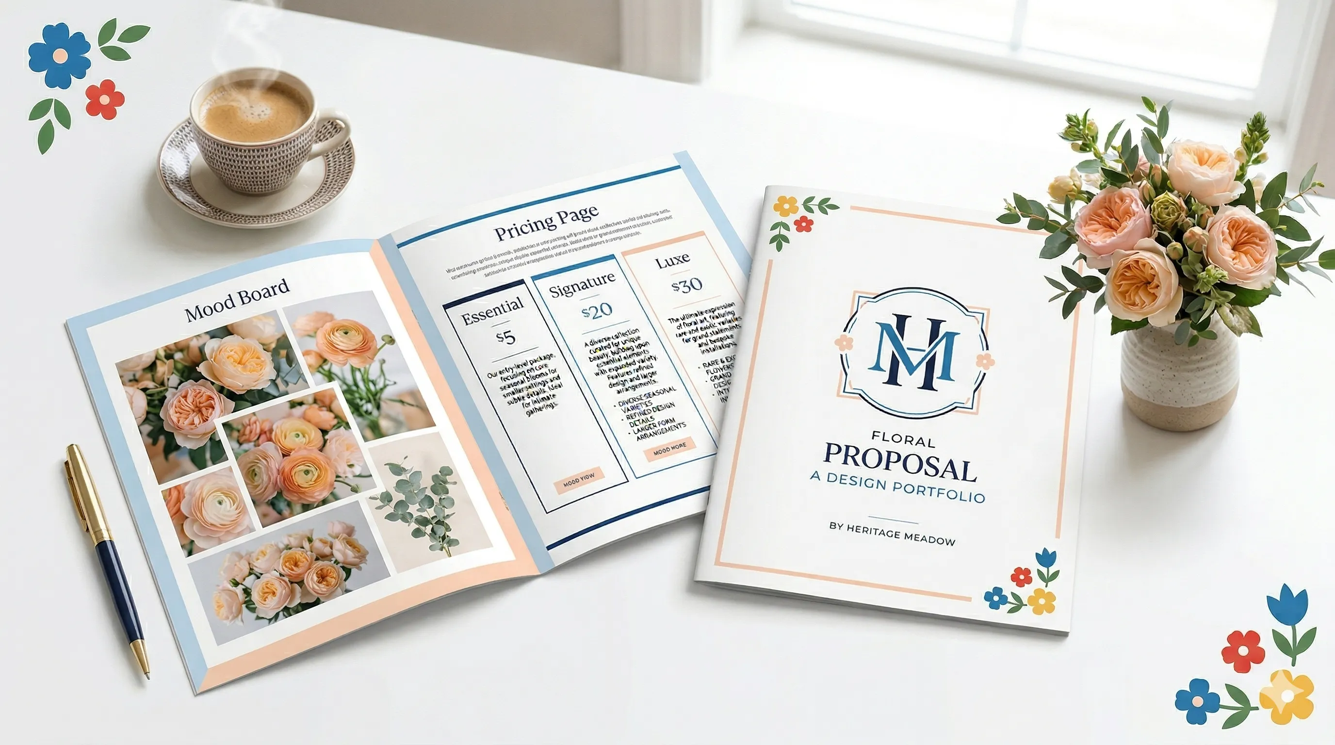 A beautifully designed floral proposal spread across a white desk with mood board, pricing tiers, and garden roses