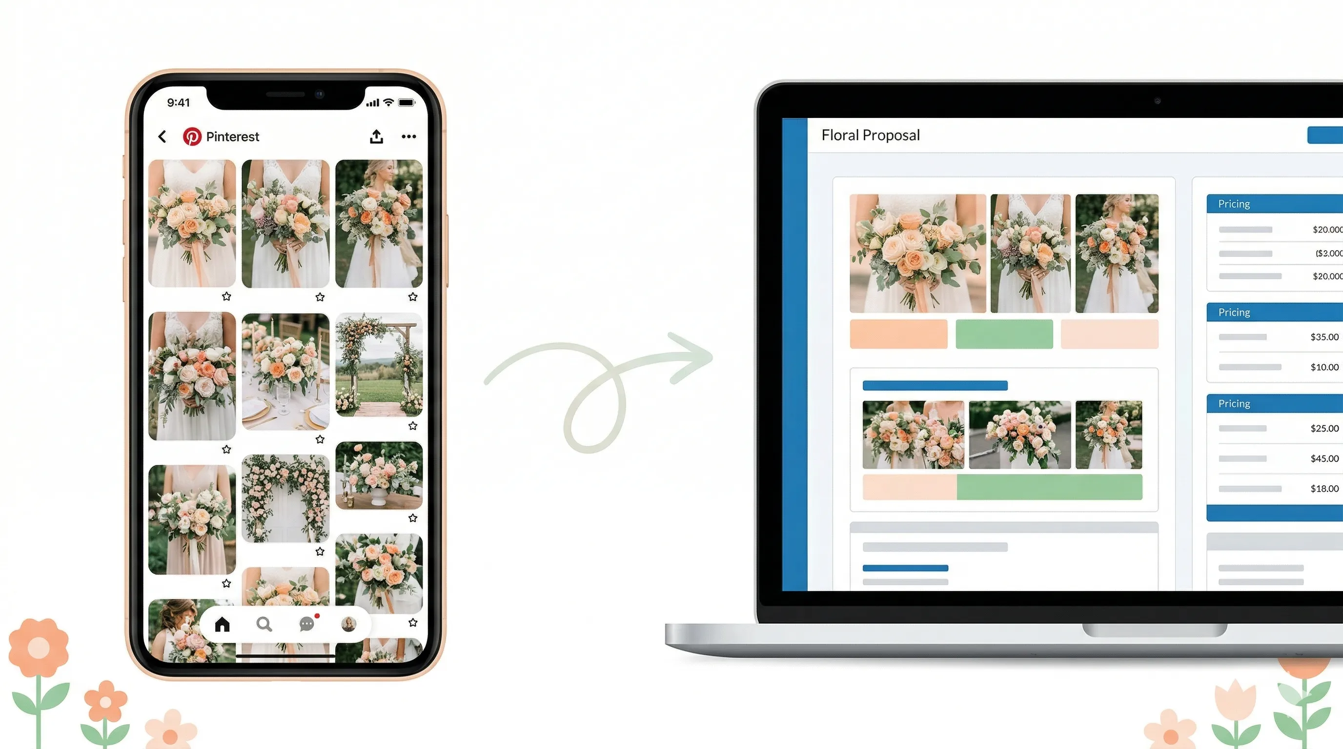 Visual journey from Pinterest board on phone to polished floral proposal on laptop screen