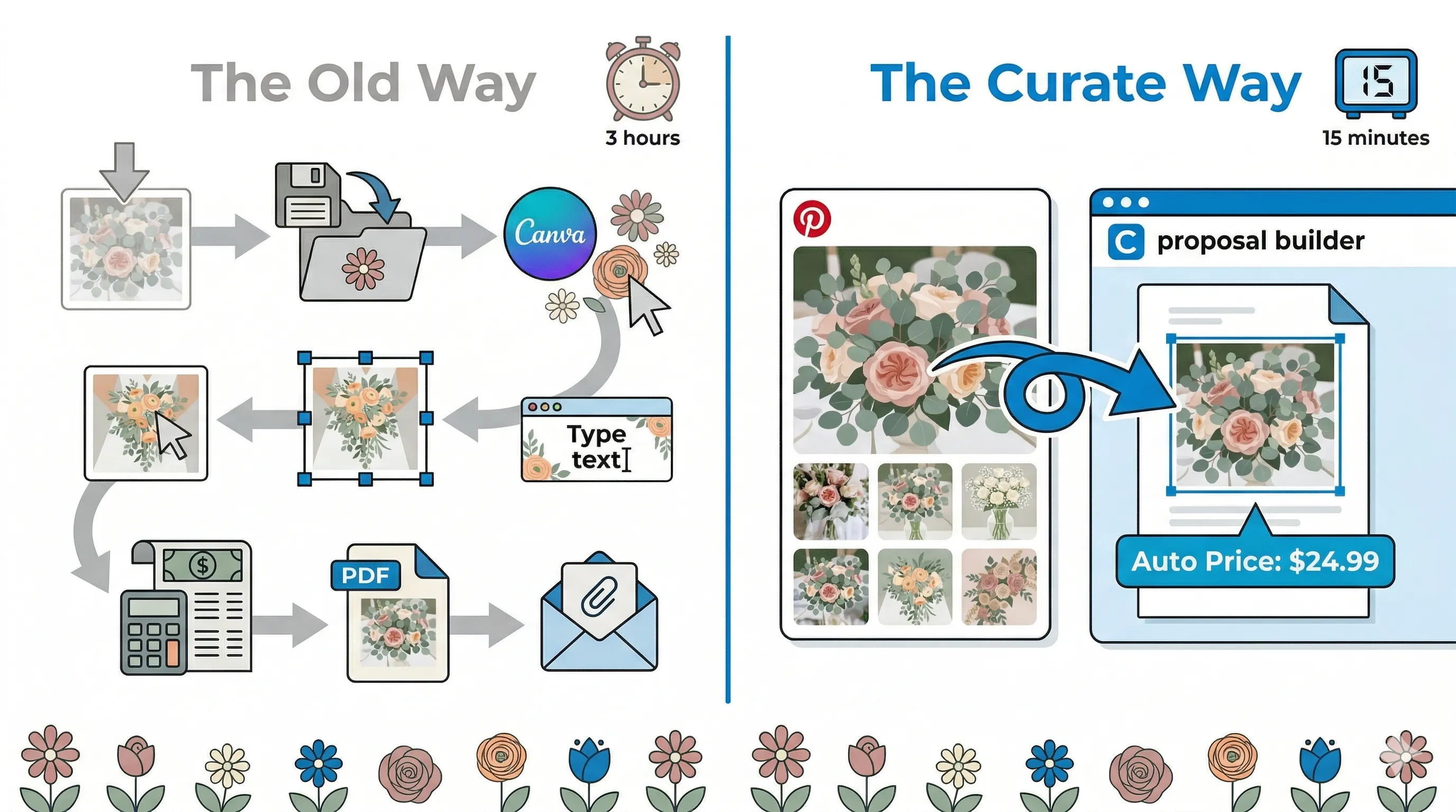 Two-panel comparison showing the old way taking 3 hours versus the Curate way taking 15 minutes