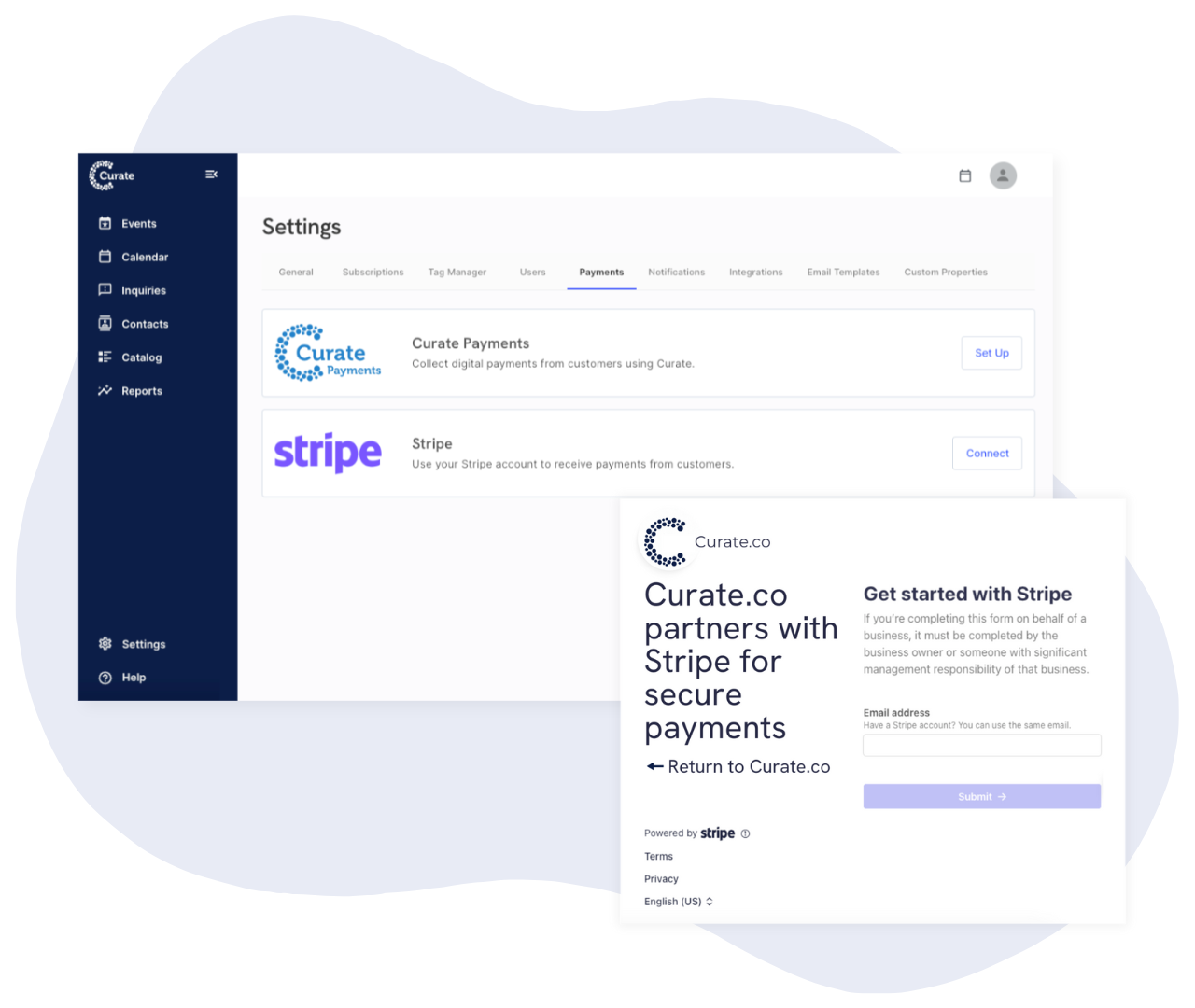 Process payments in Curate's venue management software via Stripe or Curate Payments